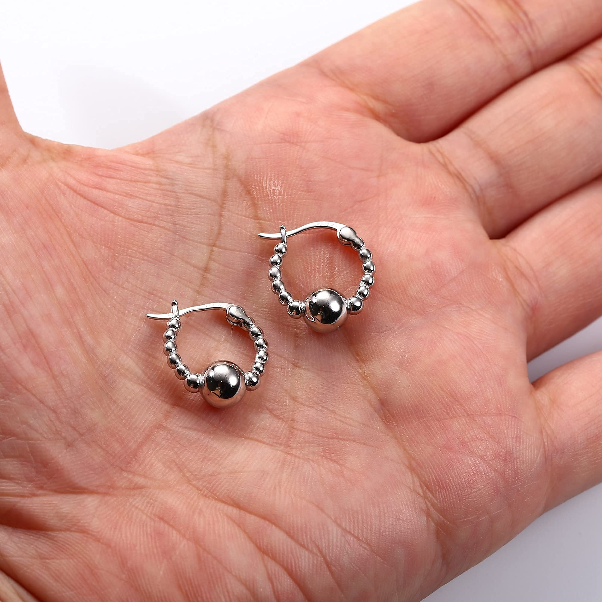 14K Gold Plated CZ Huggie Hoop Earrings for Women - 925 Sterling Silver Beaded Hoops with White Gold Finish - Small Bead Ball Earrings for Everyday Wear & Special Occasions
