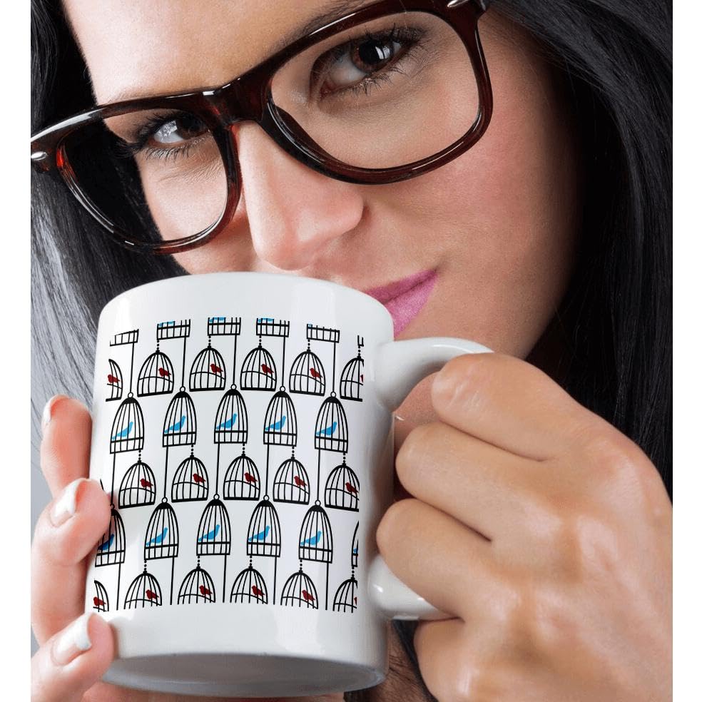 3dRose Red and Blue Birds in Cages Ceramic Coffee Mug, 15 oz – Perfect for Tea, Coffee, or Hot Chocolate at Home or Office