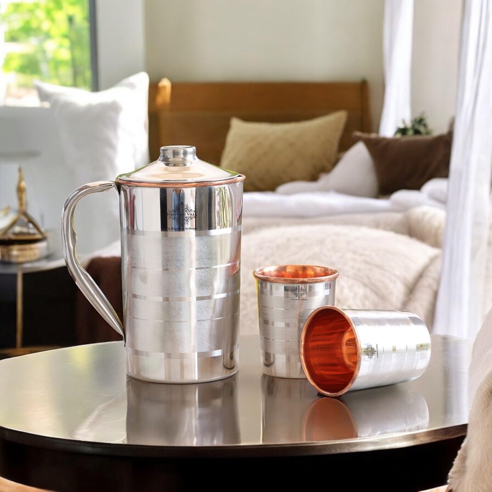 Luxury Indian Art Villa Steel Copper Drinkware Set - 1 Jug (50 Oz) & 2 Glasses (10 Oz) with Elegant Black Gift Box | Perfect for Diwali, Birthday Parties, Weddings & Home Decor | Premium Handcrafted Barware for Cocktails, Juice & Water Serving