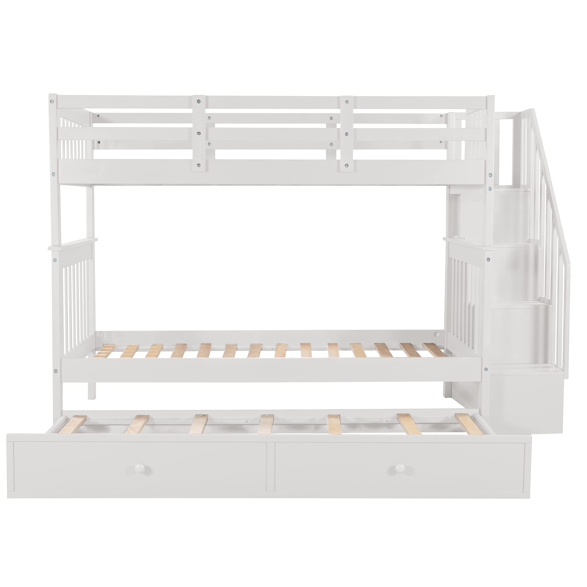 Harper & Bright Designs Twin Over Twin Bunk Bed with Trundle, Storage Shelf, Stairs & Guard Rail - Solid Wood Bunk Bed Frame for Kids, Teens & Adults - Perfect for Small Bedrooms, Guest Rooms & Vacation Homes (White)