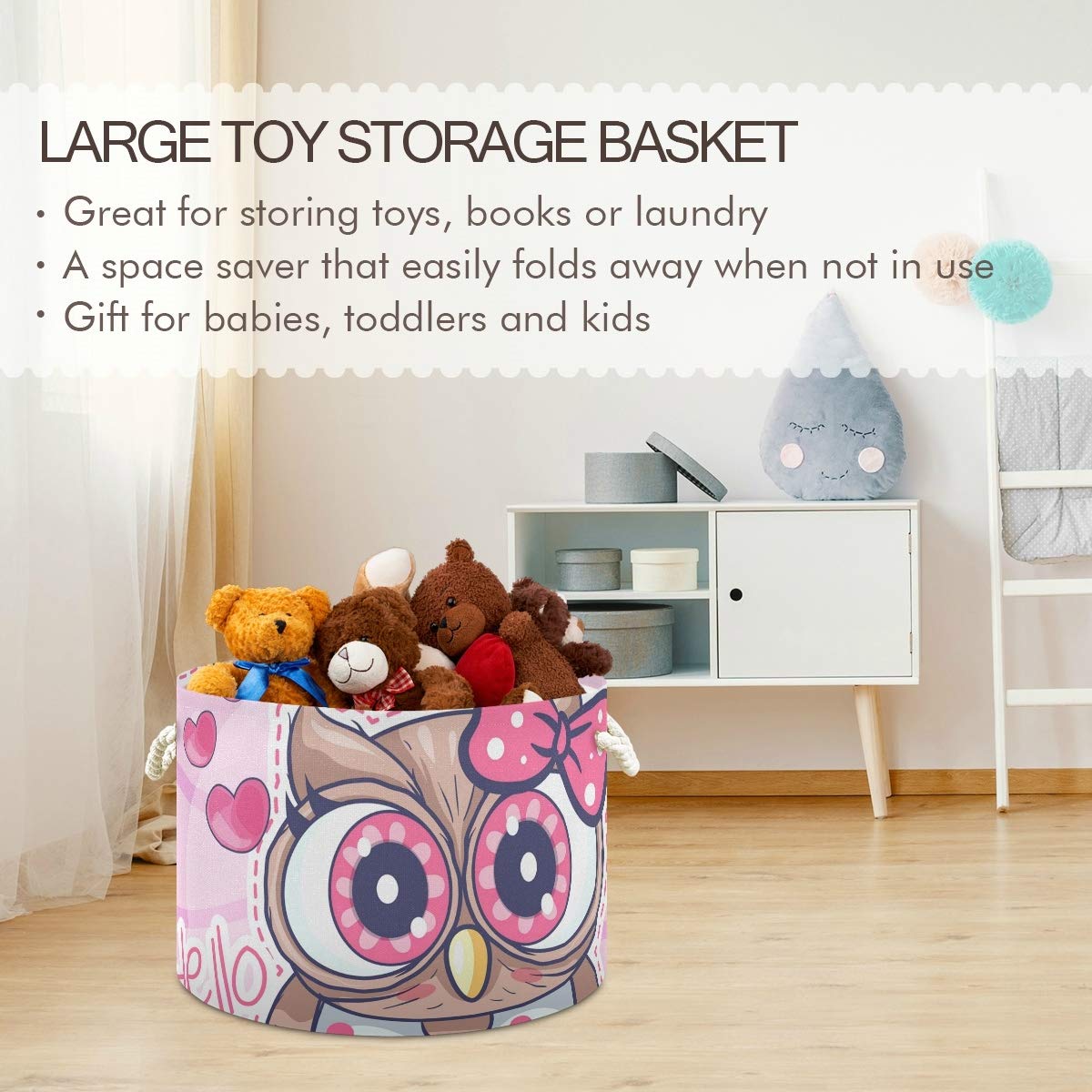 Collapsible Round Storage Basket - Fabric Toy Organizer & Laundry Hamper with Drawstrings for Kids | Cute Pink Cartoon Owl Design | Perfect for Nursery, Playroom, and Bedroom Organization