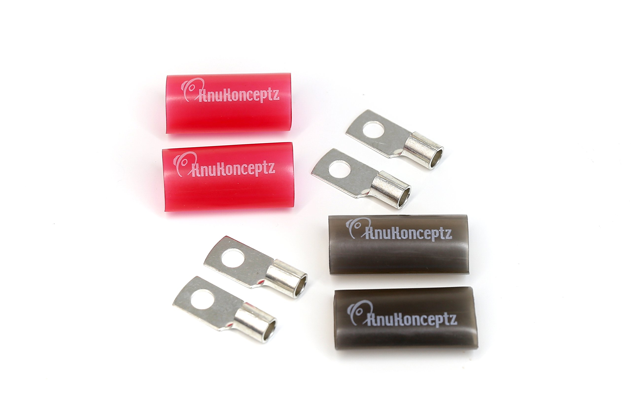 KnuKonceptz 4 Gauge Tinned Copper Ring Terminals (2 Pair) - Heat Shrink Crimp Connectors for Car Audio, Marine & Solar Power Applications