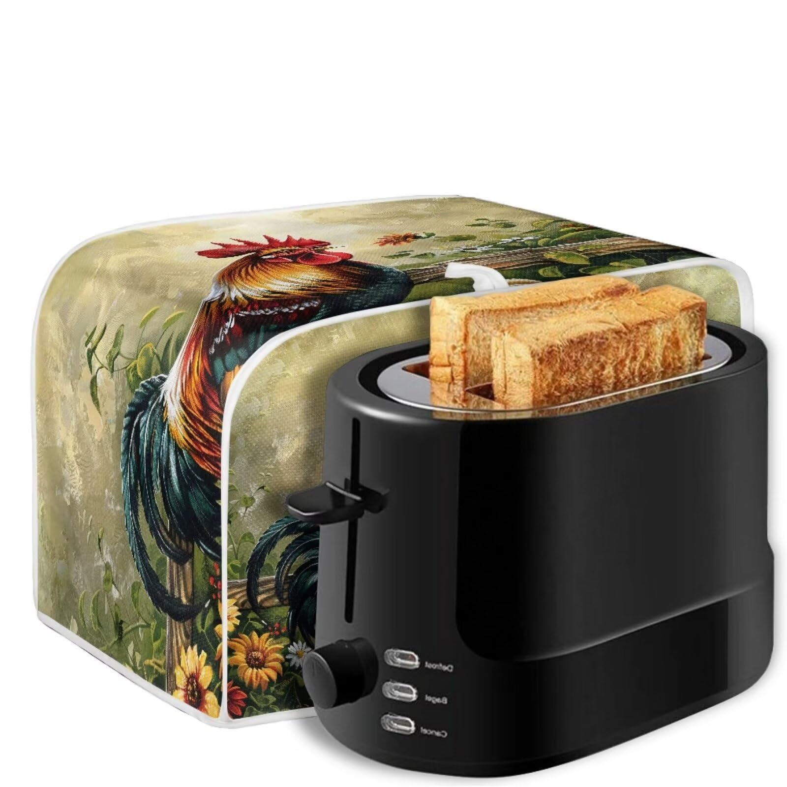 ZDCUSTOM Heat-Resistant Toaster Cover with Top Hook - Anti-Splash, Washable Dust Protector for Toaster Ovens (Rooster & Sunflower Design) - Perfect for Kitchen Countertop Protection and Appliance Maintenance