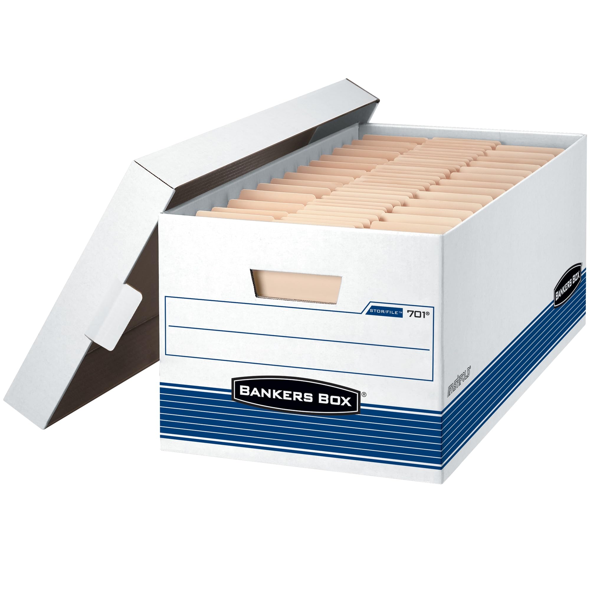 Bankers Box 0070205 STOR/FILE Legal Size Storage Box with Locking Lid - White/Blue (4-Pack) - Perfect for Office Document Organization & Secure File Storage