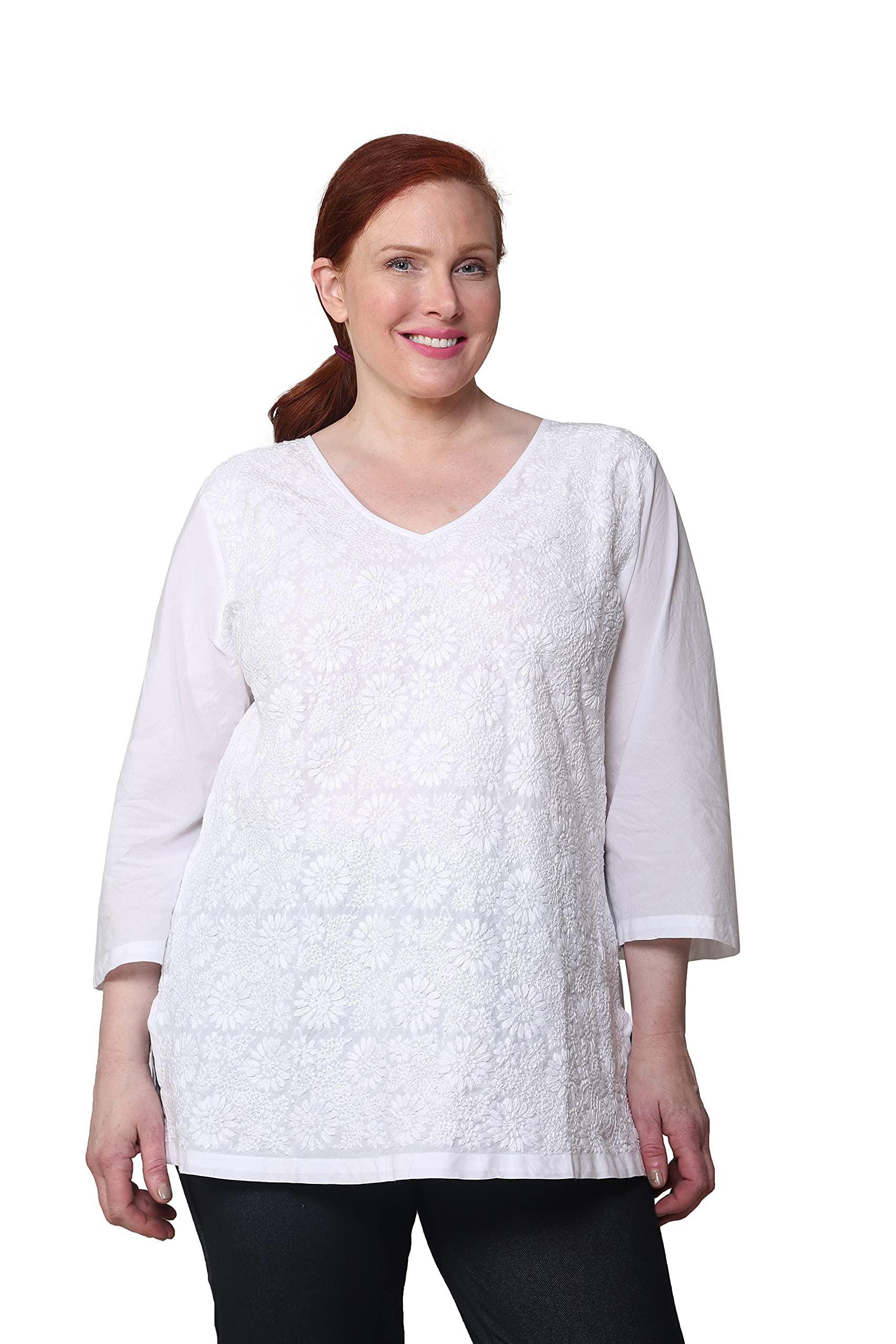 LA CERA Women's Hand-Embroidered Plus Size Tunic Top - Floral Embellished Casual Blouse for Summer, Beach & Boho Style Outfits