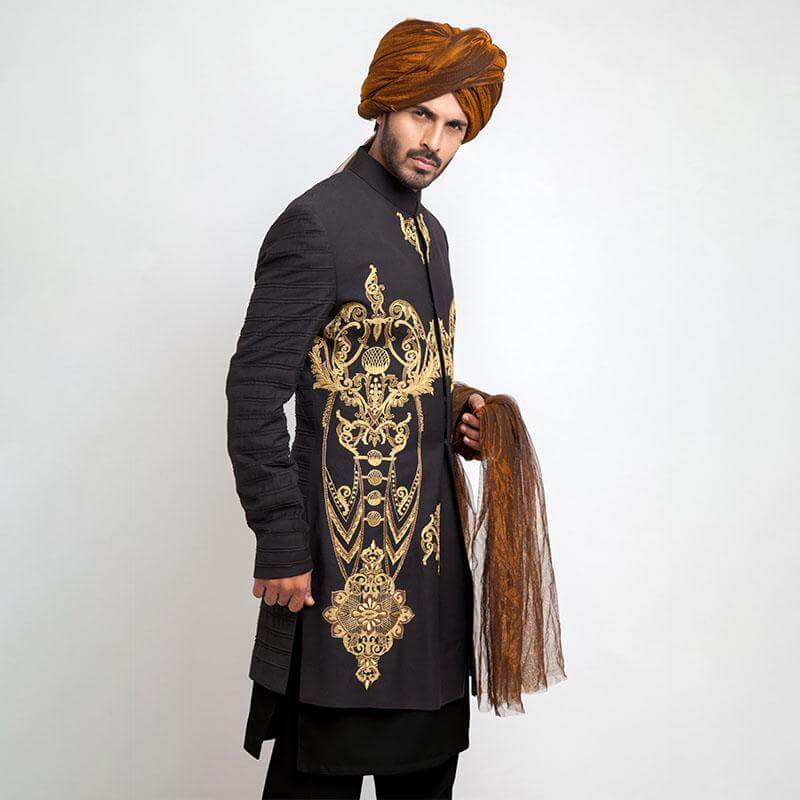 Black Slim Fit Short Sherwani for Men - Elegant Traditional Indian Wedding Outfit for Groom, Festivals & Special Occasions