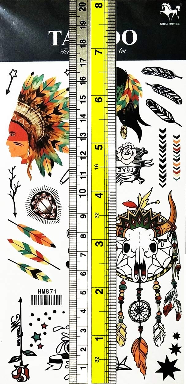 PARITA Temporary Tattoos - Native American Indian Head Fake Tattoo Stickers for Adults & Kids, Waterproof Cartoon Body Art for Parties, Halloween, Cosplay & Costume Events (1 Sheet) - Fashion Fantasy Fun Design #09