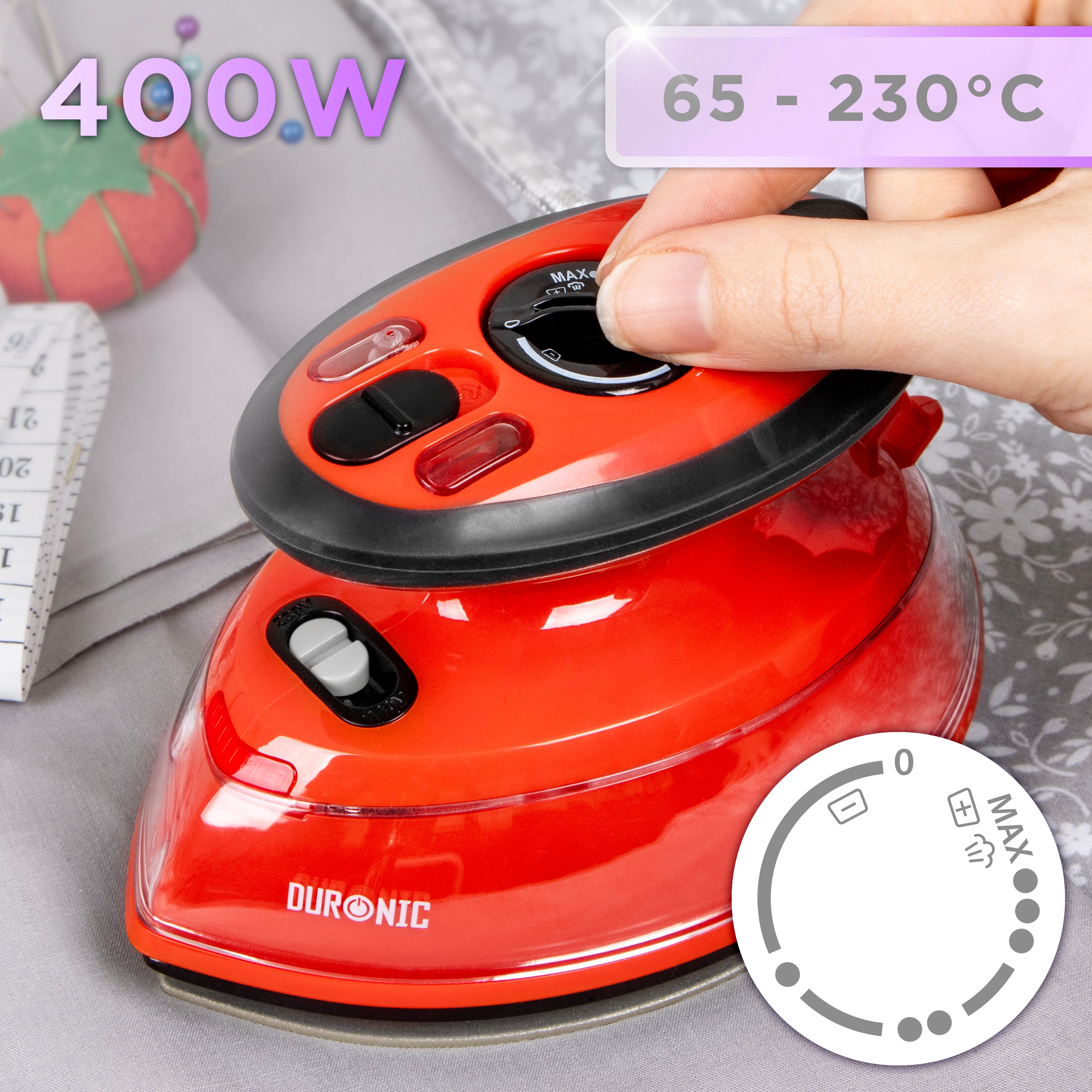 Duronic Steam Travel Iron Si3 RD - 400W Mini Compact Steamer with 35ml Water Tank, Adjustable Heat & Brush - Perfect for Quilting, Patchwork, Applique, Crafts & Holiday Travel