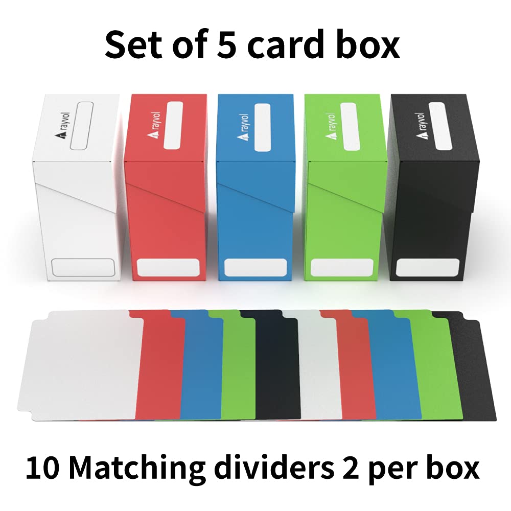 Rayvol 5-Piece TCG Card Deck Box Set with 2 Dividers per Box - Durable Storage for Magic, Pokémon & Yu-Gi-Oh Cards (Blue, Red, Green, Black, White) - Perfect for Gaming Tournaments & Card Collectors