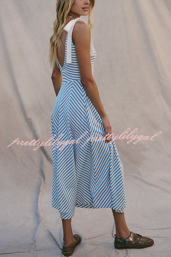 Elegant Striped Print V-Neck Lace-Up Backless Midi Dress for Women | Summer Beach Holiday Party & Date Night Outfit