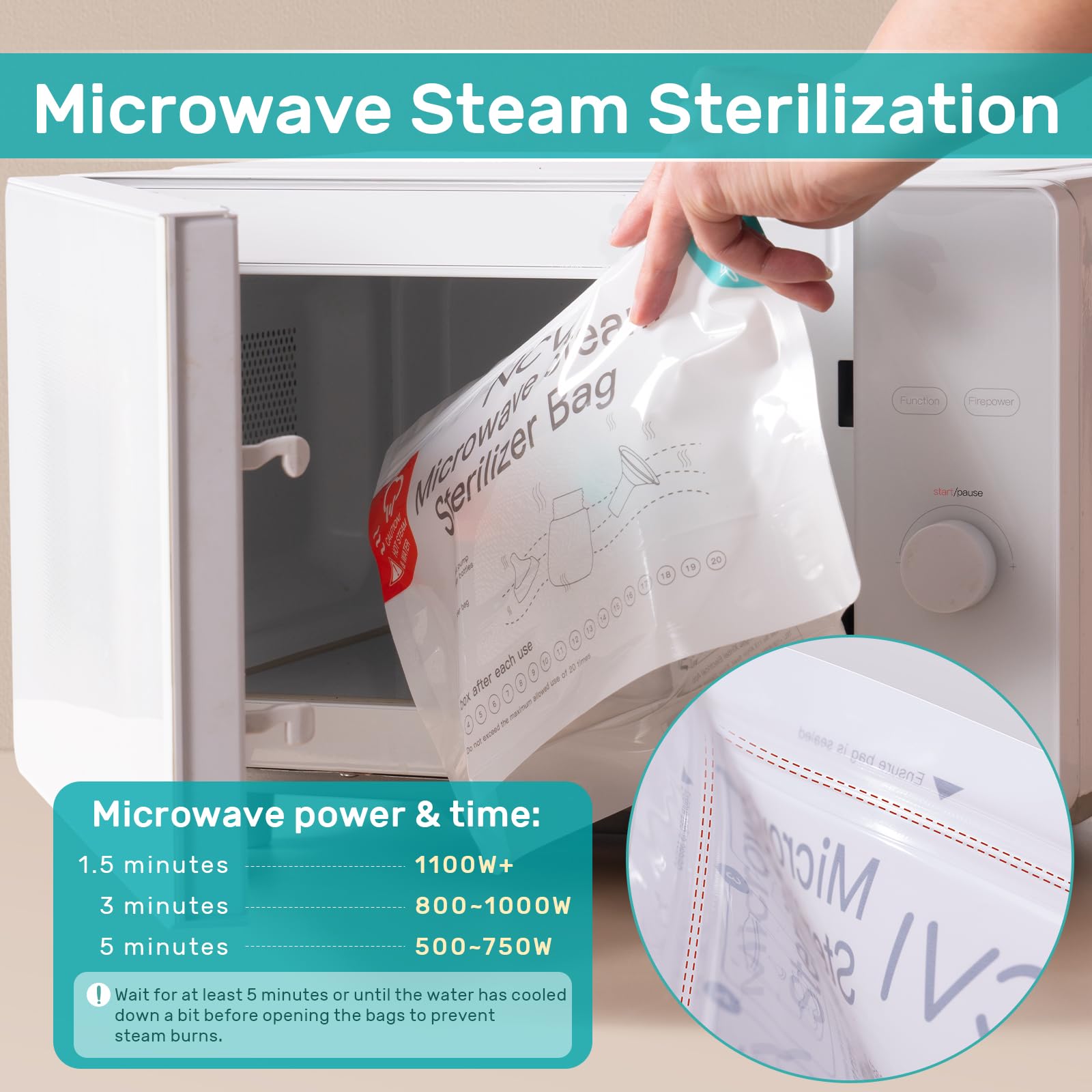 NCVI Microwave Steam Sterilizer Bags for Baby Bottles - 8 Pack (160 Uses) | Large Reusable Travel Sterilization Pouches for Baby Teethers, Pacifiers & Breast Pump Accessories | Perfect for Home, Travel & Daycare Use