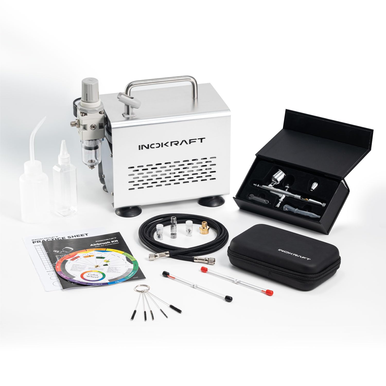 InoKraft Professional Airbrush Kit with 1/6 HP Quiet Air Compressor - 3 Nozzle Sizes (0.2mm, 0.3mm, 0.5mm) Gravity Feed Airbrush - Complete Set with Hose, Holder & Guide - Perfect for Model Painting, Cake Decorating, T-Shirt Design & DIY Art Projects