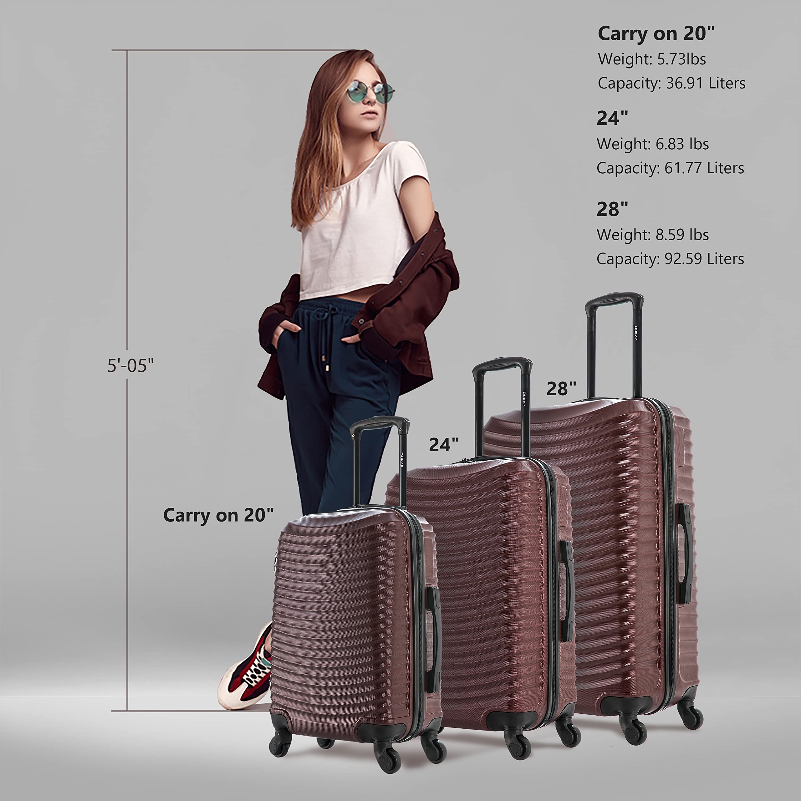 DUKAP ADLY 3-Piece Hardshell Luggage Set with Spinner Wheels - 20in, 24in & 28in Lightweight Durable Suitcases with Retractable Handle & TSA Lock - Perfect for Air Travel, Business Trips & Family Vacations (Wine Red)