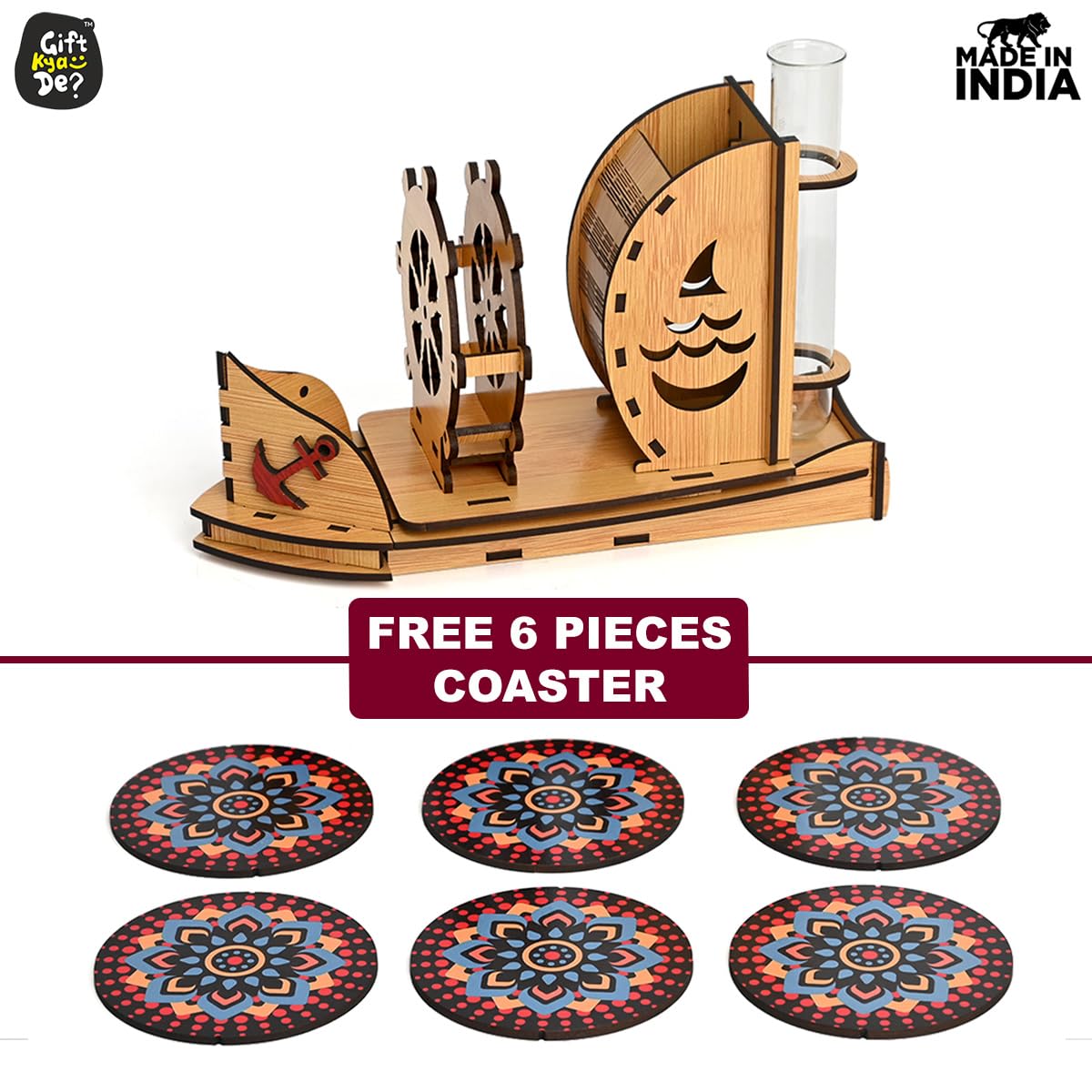 GKD Wooden Coaster Set - 6 Piece Boat Shaped Coasters with Test Tube Planter Holder | Bamboo Drink Coasters for Dining Table Decor & Office Desk Accessories | Perfect for Home Bar, Coffee Table & Kitchen Counter Use