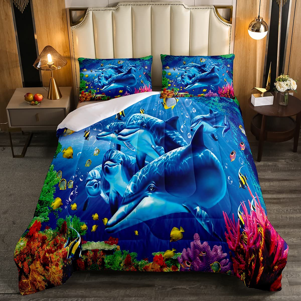 Feelyou Dolphin Kids Queen Size Comforter Set - 3 Piece Marine Life Cartoon Whale & Ocean Animal Bedding | Soft Luxury Tropical Fish & Seabed Landscape Design | Perfect for Boys' Bedroom, Beach Theme Decor & Underwater Adventure Room