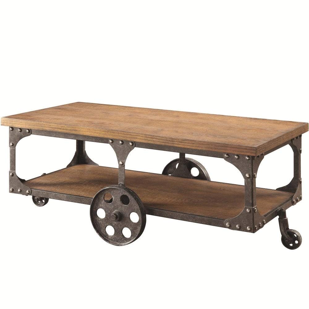 Industrial Solid Wood Coffee Table with Metal Wheels - Brown Finish for Living Room