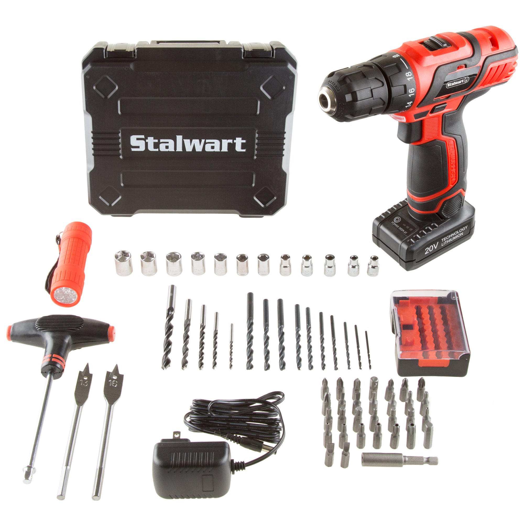 65-Piece Cordless Drill and Accessory Kit with Rechargeable Battery, Flashlight, Drill Bit Set & Sockets - Stalwart Power Tools (Red) - Perfect for DIY Home Improvement, Woodworking, and Professional Construction Projects