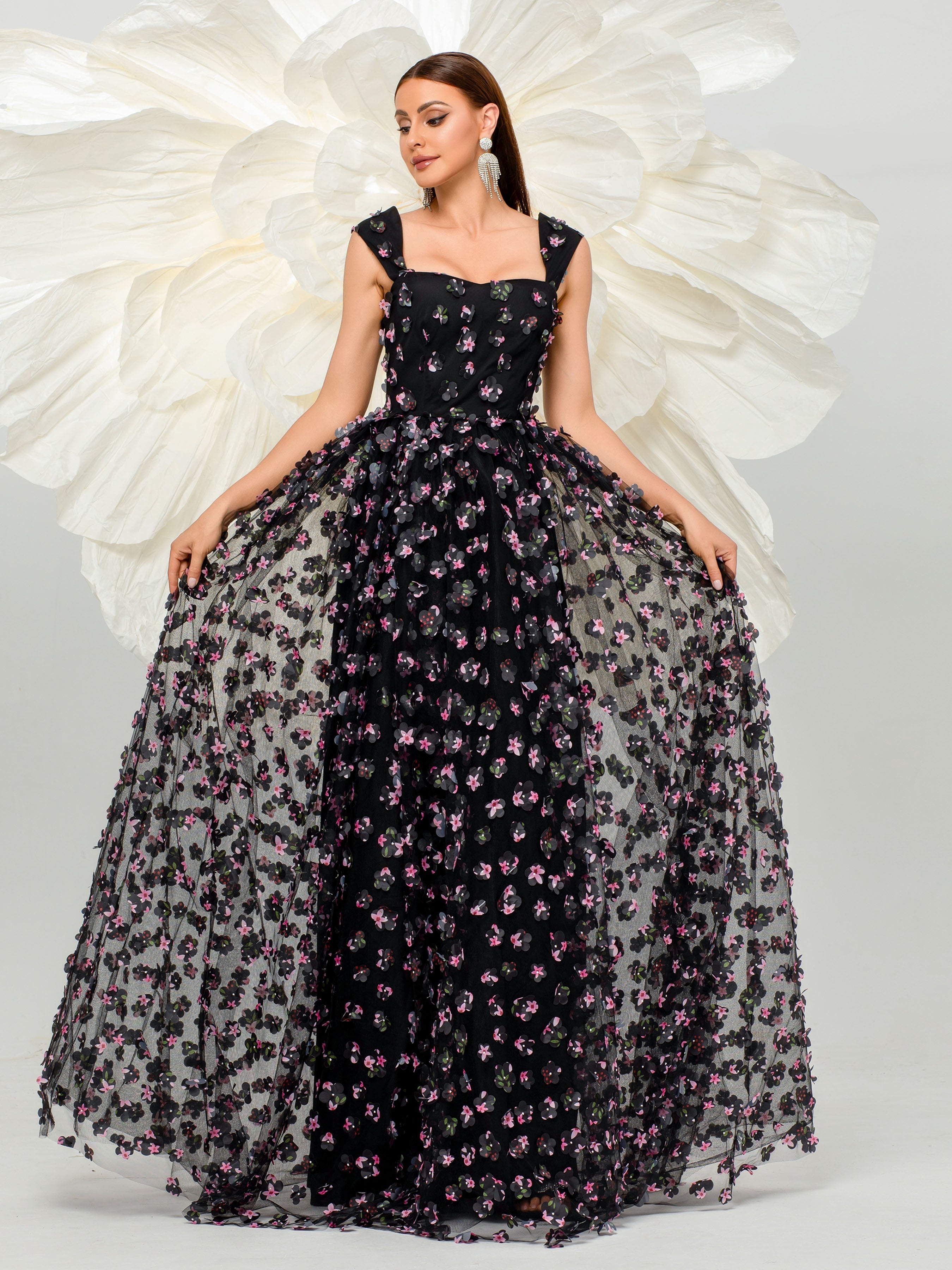 Elegant Appliqued Pink Camisole Floral Tulle Dress for Women - Perfect for Weddings, Parties & Special Occasions