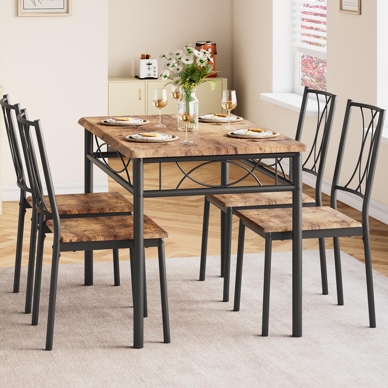 CABIHOME 4-Piece Retro Brown Dining Table Set with 4 Chairs - Compact Rectangular Kitchen Table for Small Spaces, Apartments & Dining Rooms | Perfect for Breakfast Nooks, Cozy Meals & Entertaining Guests