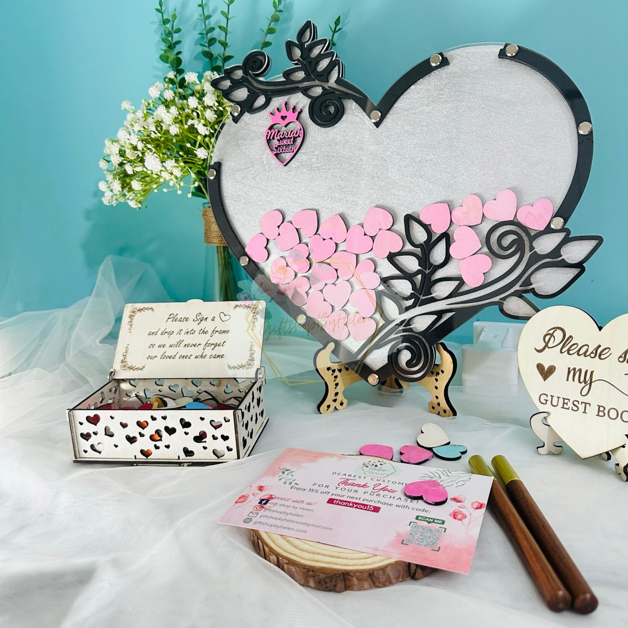 Personalized Wedding Guest Book Alternative Frame - Custom Heart Guest Book Drop Box for Bride & Groom - Unique Wooden Sign for Wedding Reception & Quinceañera - Perfect for Anniversary, Bridal Shower & Special Events