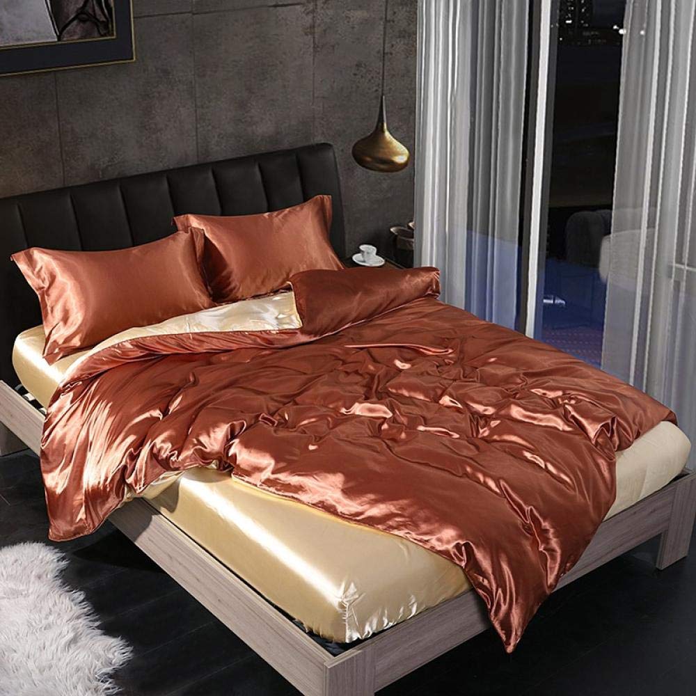 Premium 4-Piece Mulberry Silk Duvet Cover Set - 1.5m (200x230cm) Queen Size, Coffee & Camel Color, Breathable Summer Bedding for Temperature Regulation | Perfect for Hot Sleepers, Luxury Master Bedroom Decor, and Gift Giving