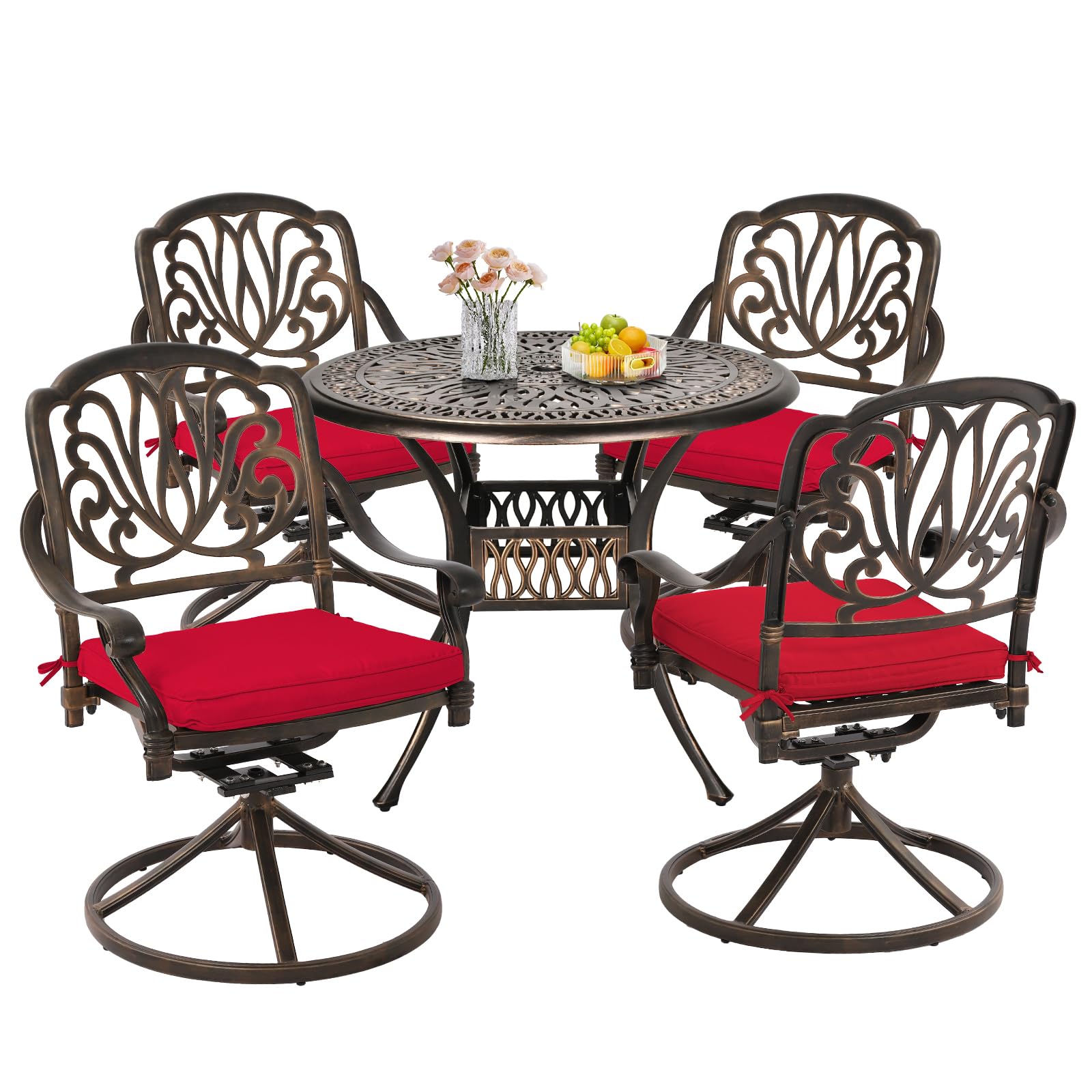 **Grepatio 5-Piece Outdoor Dining Set - Cast Aluminum Patio Table & 4 Swivel Chairs with Cushions, 1 Umbrella - Red Round Garden Furniture for Lawn, Backyard, Deck & Poolside Dining**