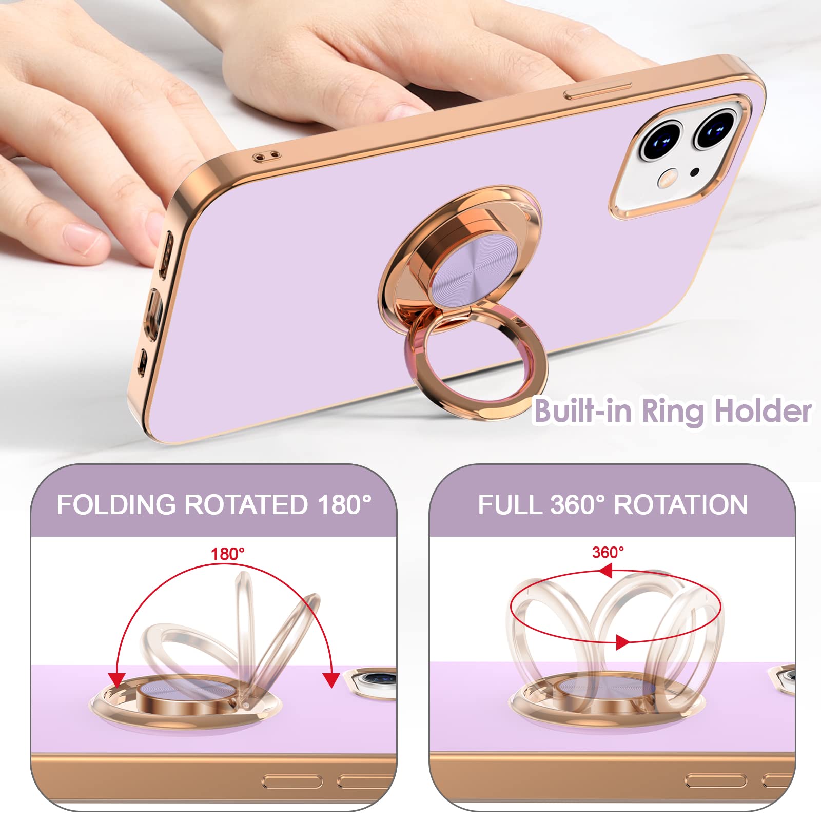 Hython iPhone 12/12 Pro Case with Magnetic Ring Stand - Rose Gold Shockproof Cover for Work & Travel