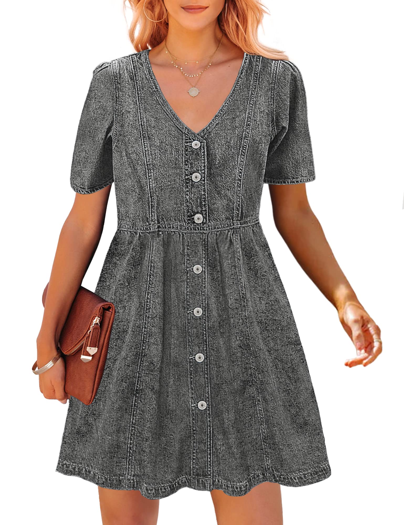 Luvamia Women's Denim Dress - Button Down Summer Swing Western Short Jean Dress for Casual Outings, Beach Trips & Country Music Festivals