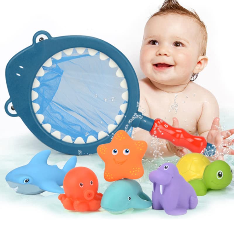 **MRSOHRET Baby Bath Toy Set - 6 Animal Toys & Shark Fishing Net for Toddlers 18+ Months | Soft Water Play Toys for Boys & Girls | Fun Bath Time Learning & Sensory Play (Blue Shark)**