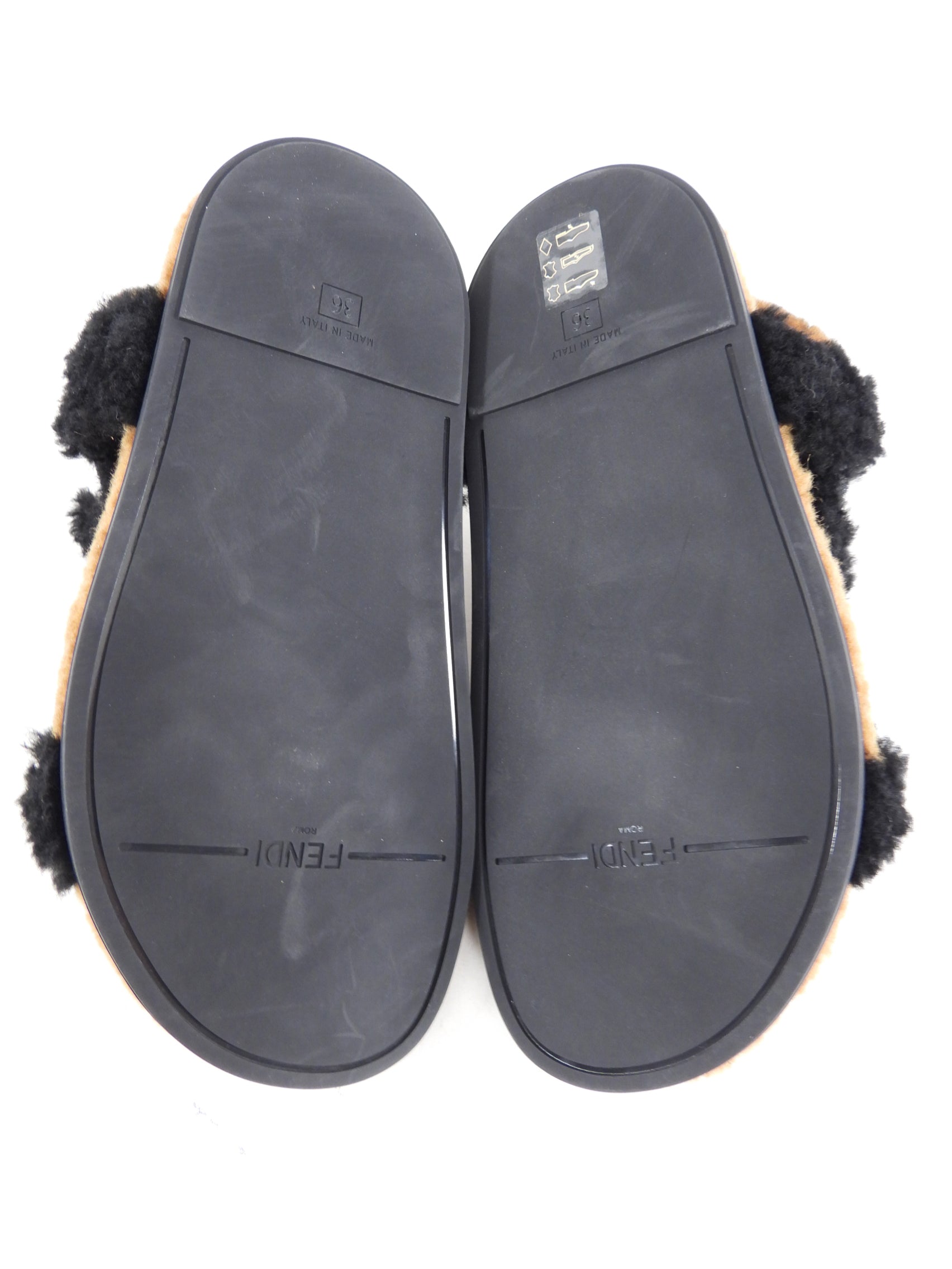 Fendi Brown & Black Zucca Logo Shearling Sandals Size 37 - Luxury Designer Summer Shoes for Women, Perfect for Beach Vacations & Fashion Outings