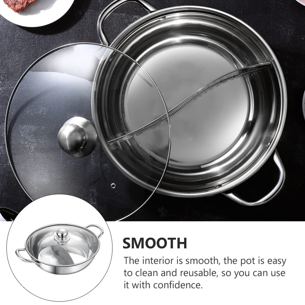 Stainless Steel Dual Flavor Hot Pot with Glass Lid - 2-in-1 Mandarin Duck Hot Pot for Soup, Shabu Shabu & Fondue - Kitchen Cookware with Handles for Home Dining & Party Serving