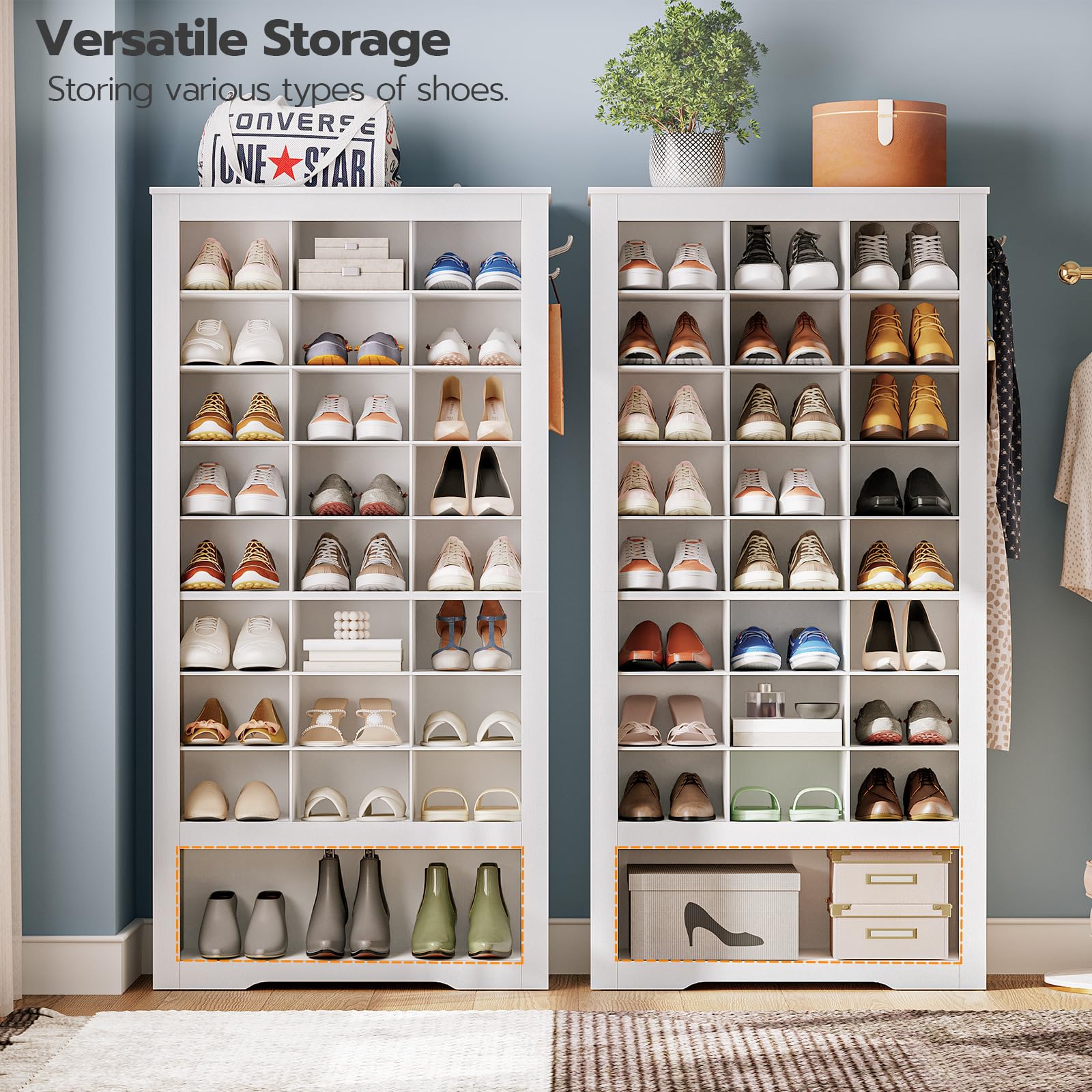 HOOBRO 9-Tier Tall Shoe Storage Cabinet - White Wooden Entryway Organizer with 24 Cubbies & 3 Hooks | Freestanding Shoe Rack for Closet, Living Room, Bedroom | Perfect for Small Spaces & Shoe Collection Organization