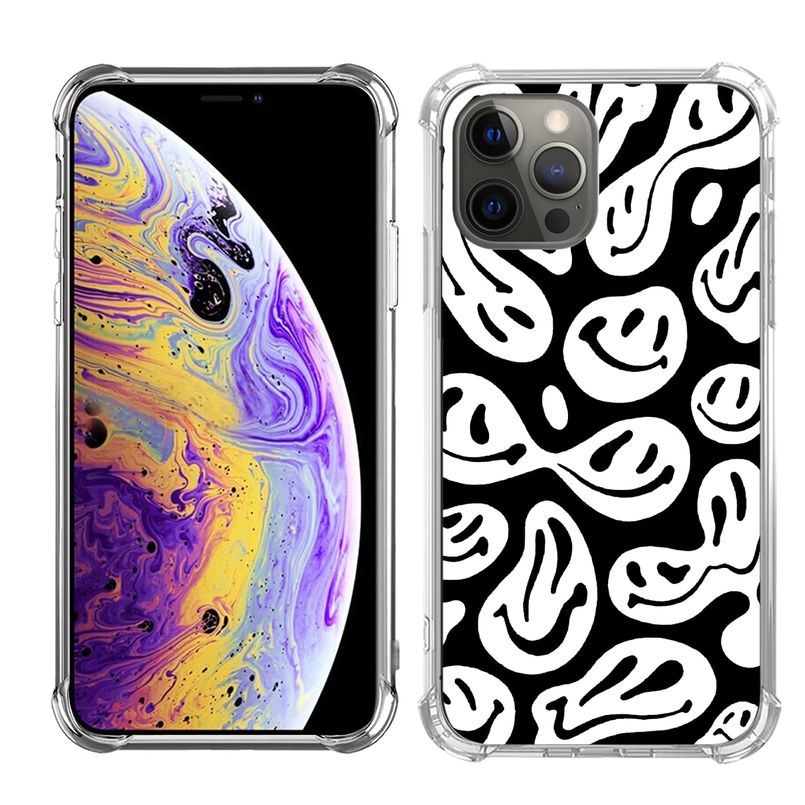 Trippy Aesthetic Black & White Smiley Face iPhone 11 Pro Max Case - Trendy Melting Design TPU Bumper Cover | Perfect for Music Festivals, Rave Parties & Unique Style Lovers
