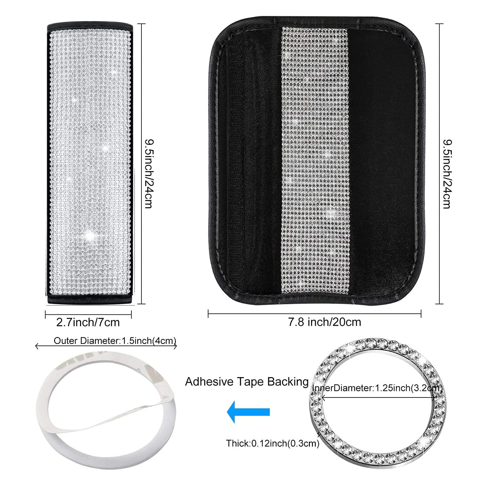 Soft Seat Belt Shoulder Pads with Bling Rhinestones - 5-Pack Universal Diamond Car Decor for Women | Crystal Rhinestone Start Button & Bling Ring Set (White Rhinestone) - Perfect for Luxury Car Accessories, Gift Ideas & Stylish Driving Comfort