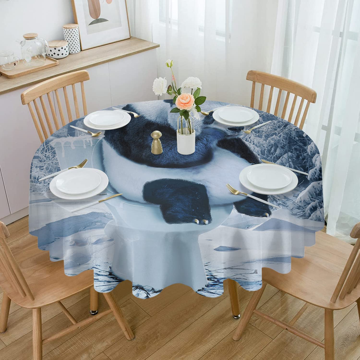 54 Inch Waterproof Spill-Proof Round Tablecloth - Funny Forest Animal Design with Panda Wearing Santa Hat - Durable Polyester Table Cover for Dining, Buffet, Party & Holiday Decor