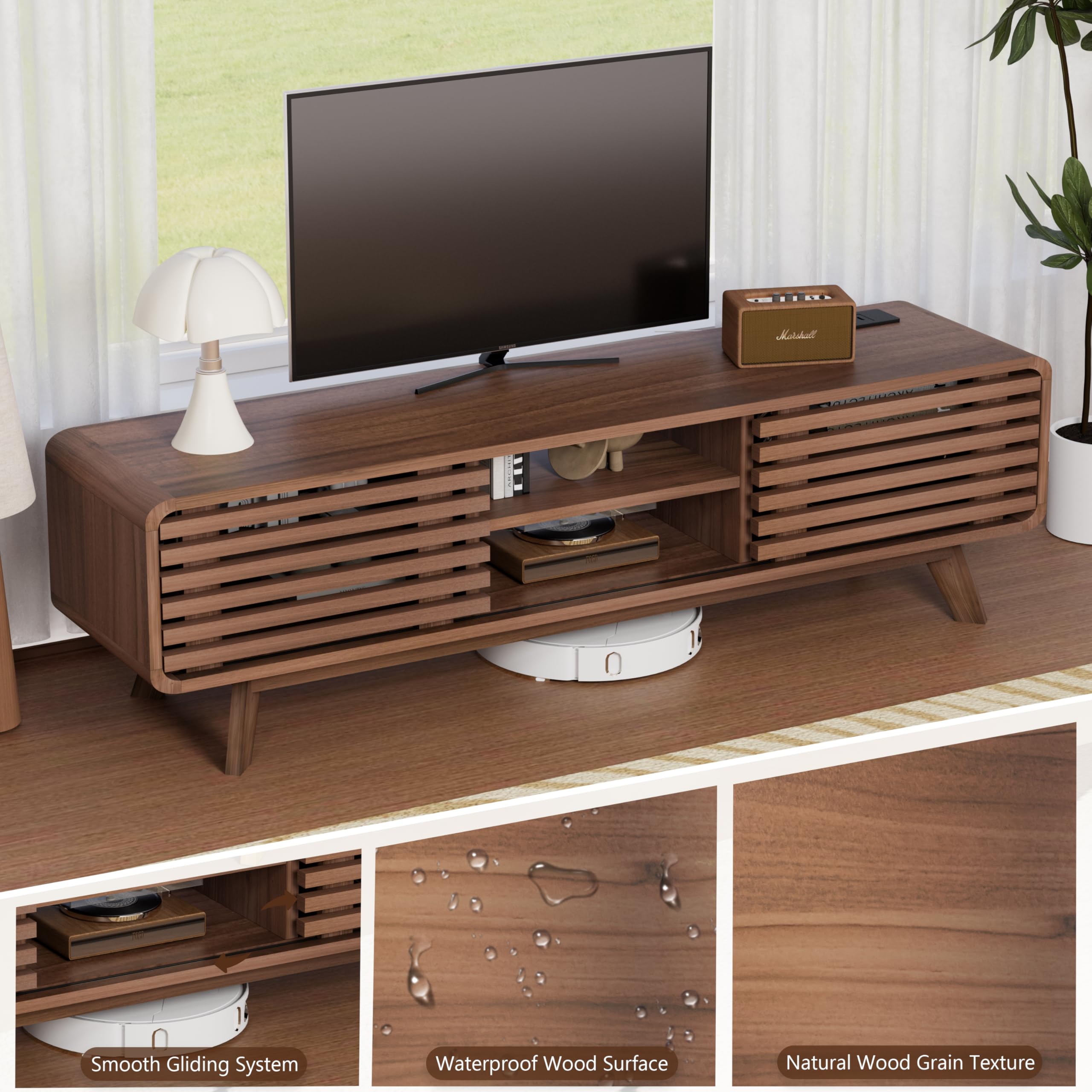 Modern TV Stand for Living Room - Large Entertainment Center with Slatted Sliding Doors, Open Shelves & Built-in Power Outlet - Rustic Reddish Brown Media Console Cabinet - Perfect for Home Theater Setup & Living Room Organization