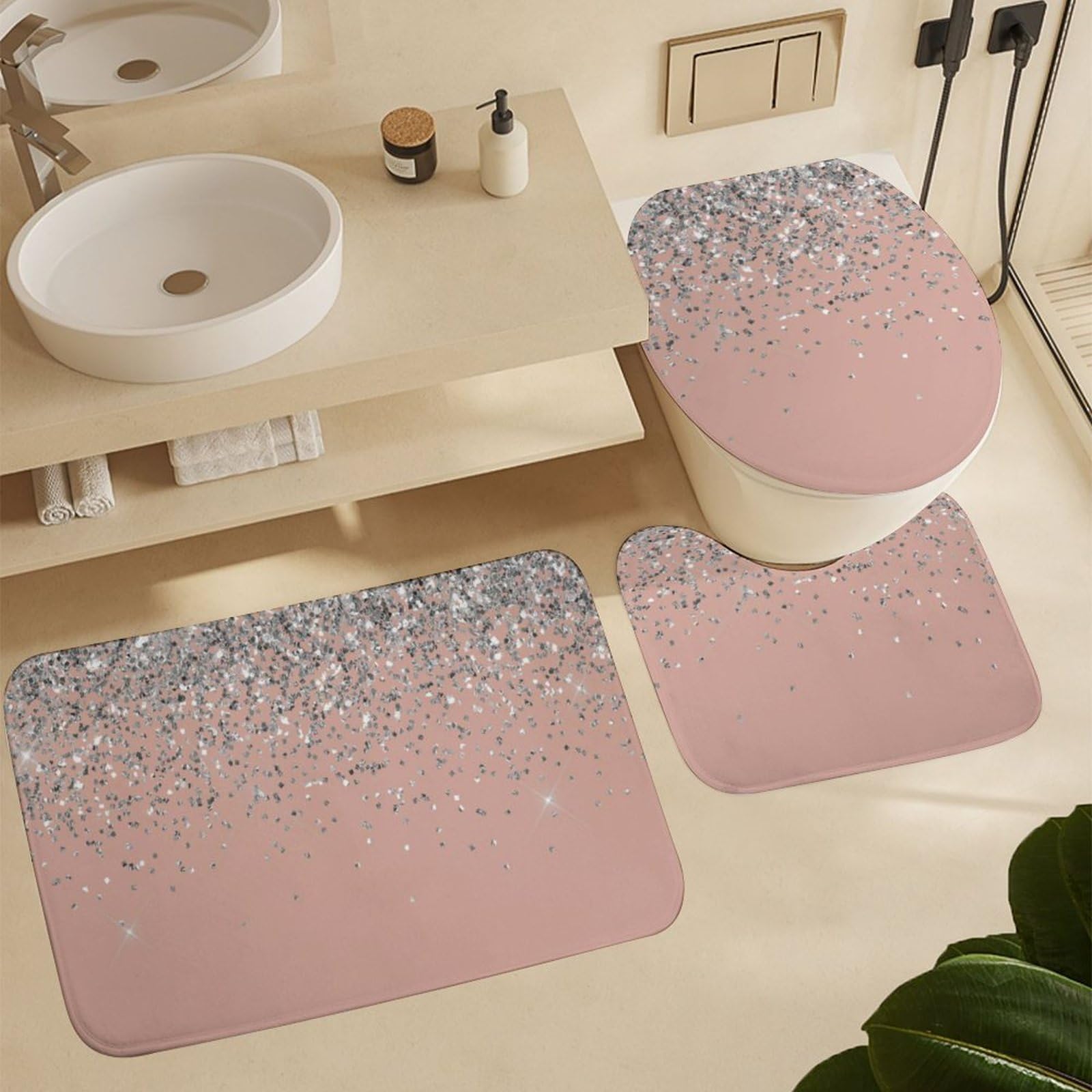 Rose Gold Glitter Shower Curtain Set - 4 Piece Bathroom Decor with Non-Slip Rug & Toilet Cover | Elegant Blush Pink & Silver Design for Girls' Bathroom | Perfect for Modern, Glamorous & Girly Home Decor