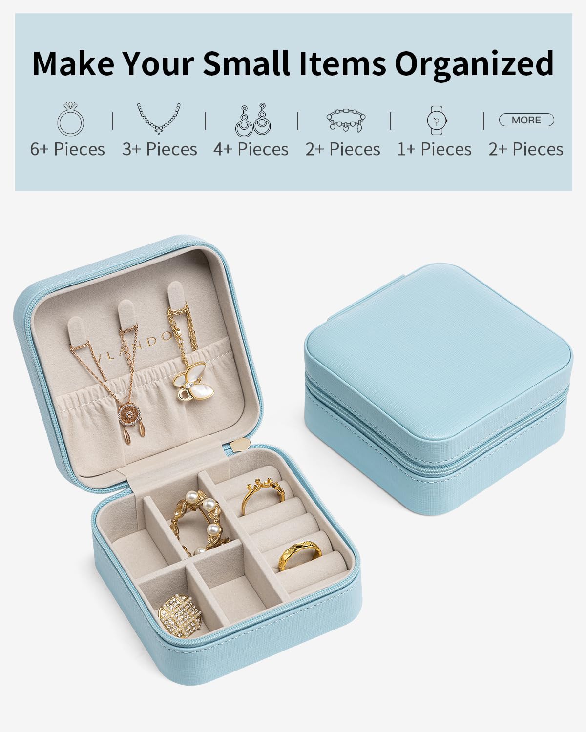 Vlando Travel Jewelry Organizer Case for Women - Portable Jewelry Box with Compartments for Necklaces, Rings & Earrings - Perfect for Vacation, Business Trips & Weekend Getaways (Blue)