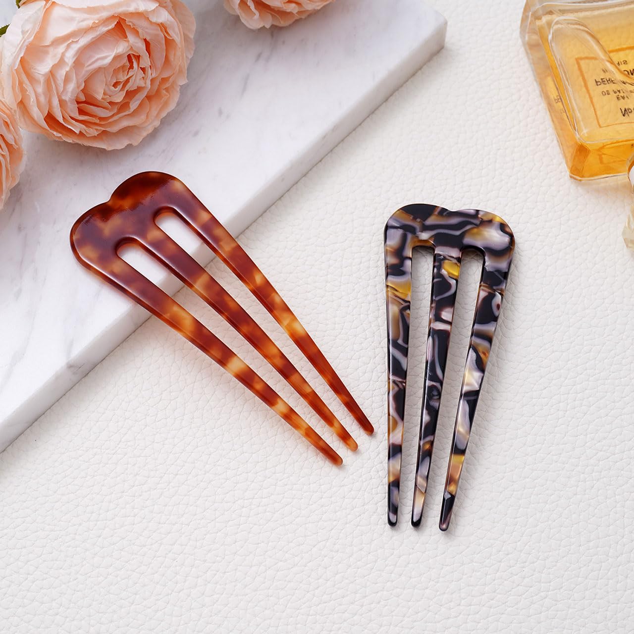 Large French Hair Pins for Women - 3-Prong U-Shaped Hair Forks for Thick Hair | French Twist & Updo Hair Sticks for Buns | 2-Piece Set (Tortoise Brown) | Perfect for Weddings, Prom & Everyday Hairstyles