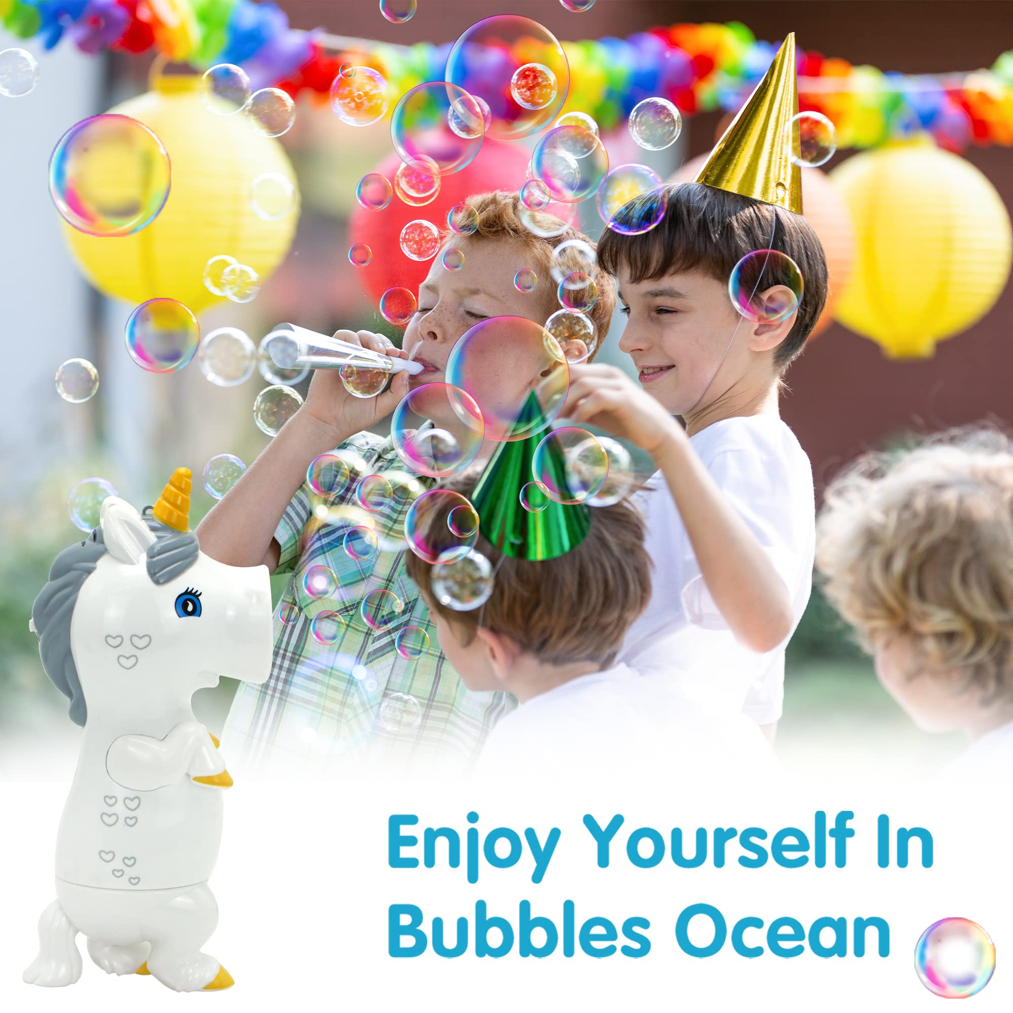 JOYIN Unicorn Bubble Blower Wand with Music & LED Lights | Bubble Gun with Bubble Solution | Birthday Party Favors & Summer Outdoor Toys | Fun for Kids, Pool Parties & Backyard Activities