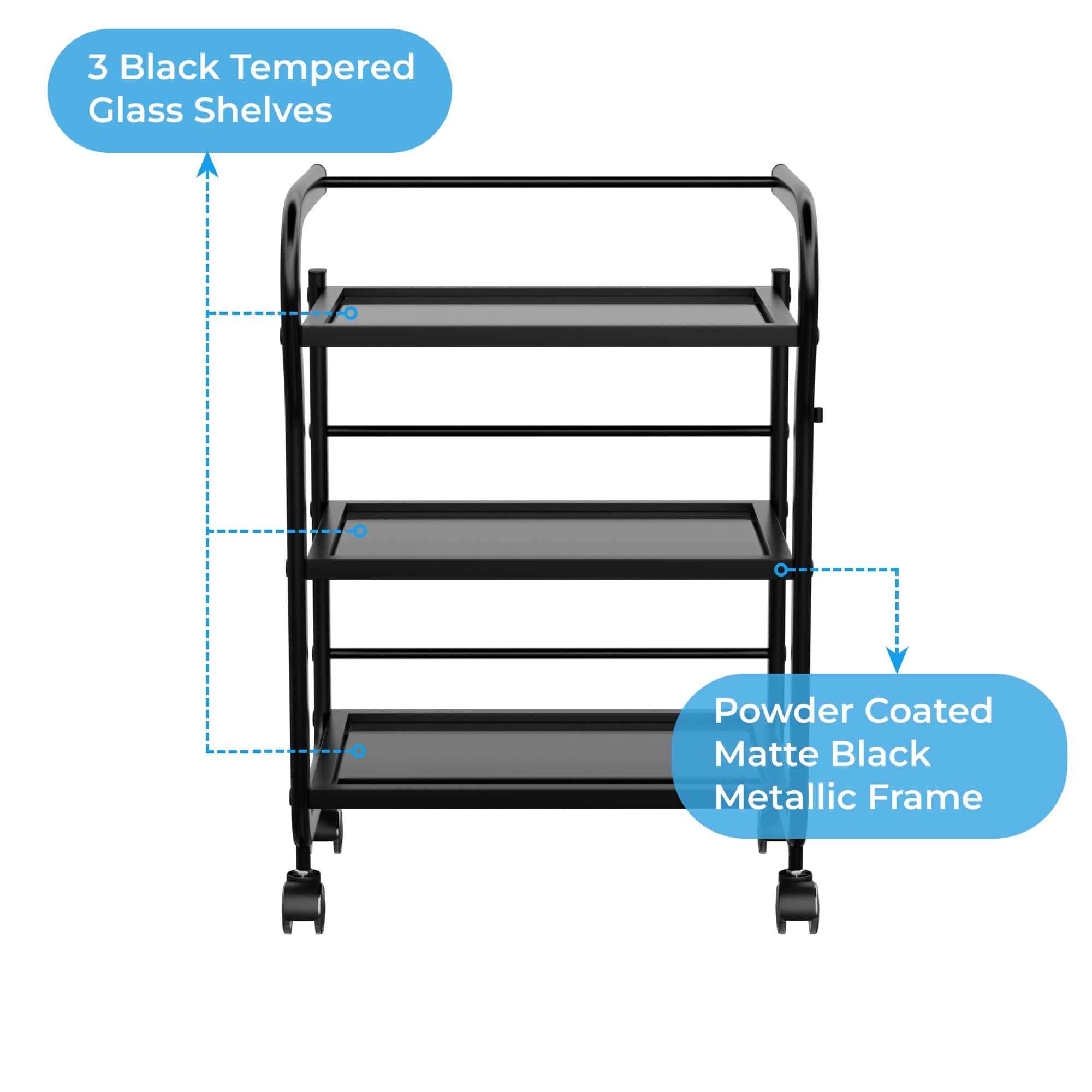 ARCUS Beauty Trolley with 3 Tier Glass Shelves - Professional Mobile Storage Cart for Salon, Spa & Home Organization (1013) - Perfect for Makeup, Nail Polish & Skincare Products