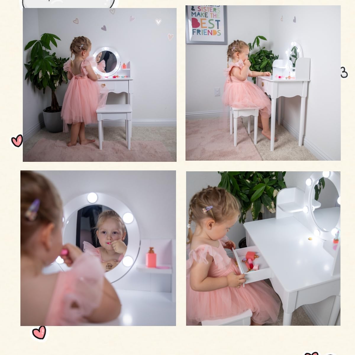 UTEX Kids Vanity Set with Mirror, Stool & Lights - Wooden Princess Makeup Desk & Dressing Table for Girls (White) | Pretend Play, Birthday Gift & Room Decor