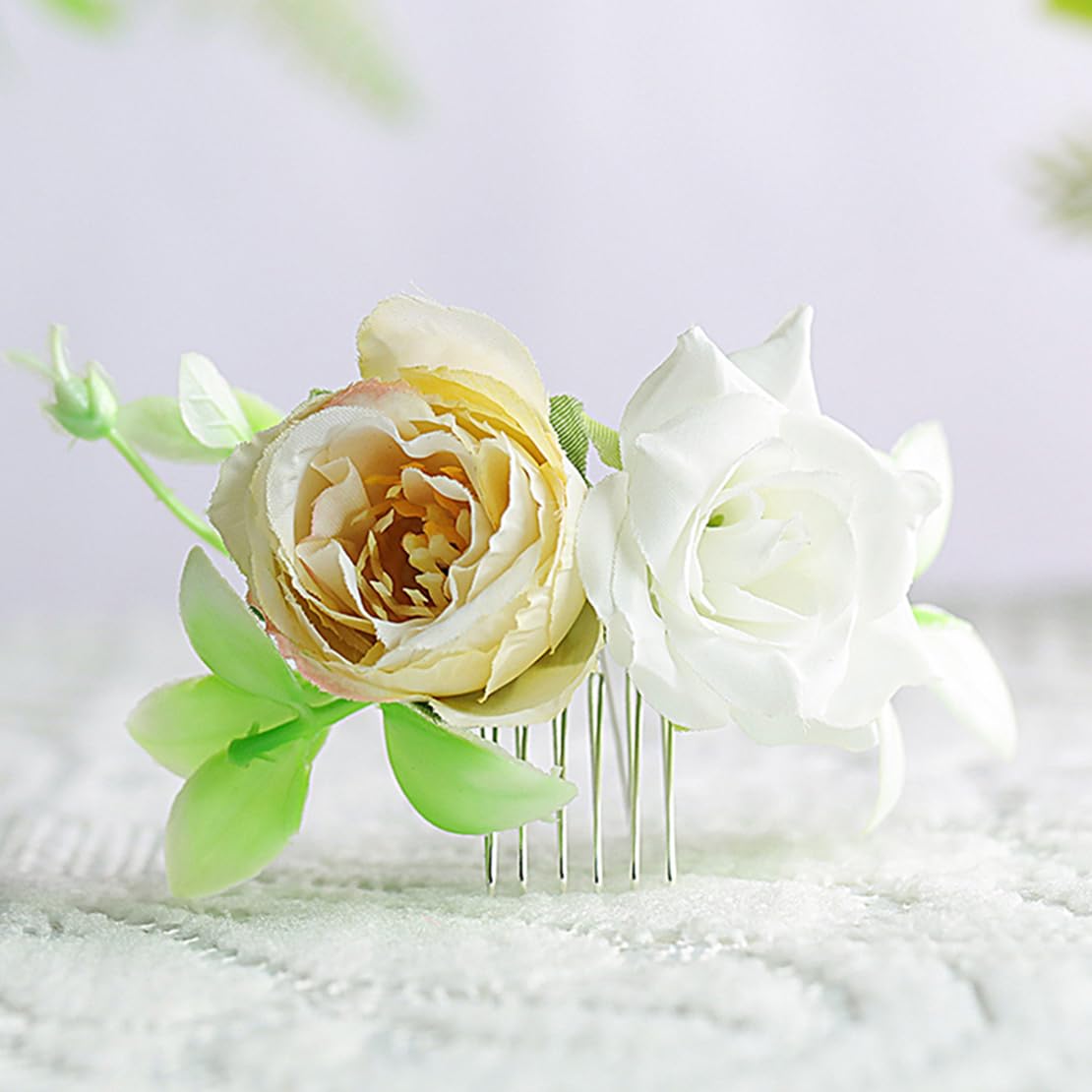Fangsen Handmade Silk Rose Hair Comb - Elegant Wedding Hair Accessory for Brides, Bridesmaids & Flower Girls | Perfect for Mother's Day Gifts, Daily Wear, Parties & Banquets | Silver Floral Hairpin for Special Occasions & Formal Events