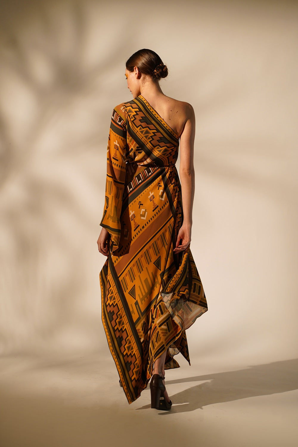 Mustard Aztec Print One Shoulder Dress for Women - Boho Chic Summer Party Outfit - Perfect for Beach Vacations, Music Festivals & Date Nights