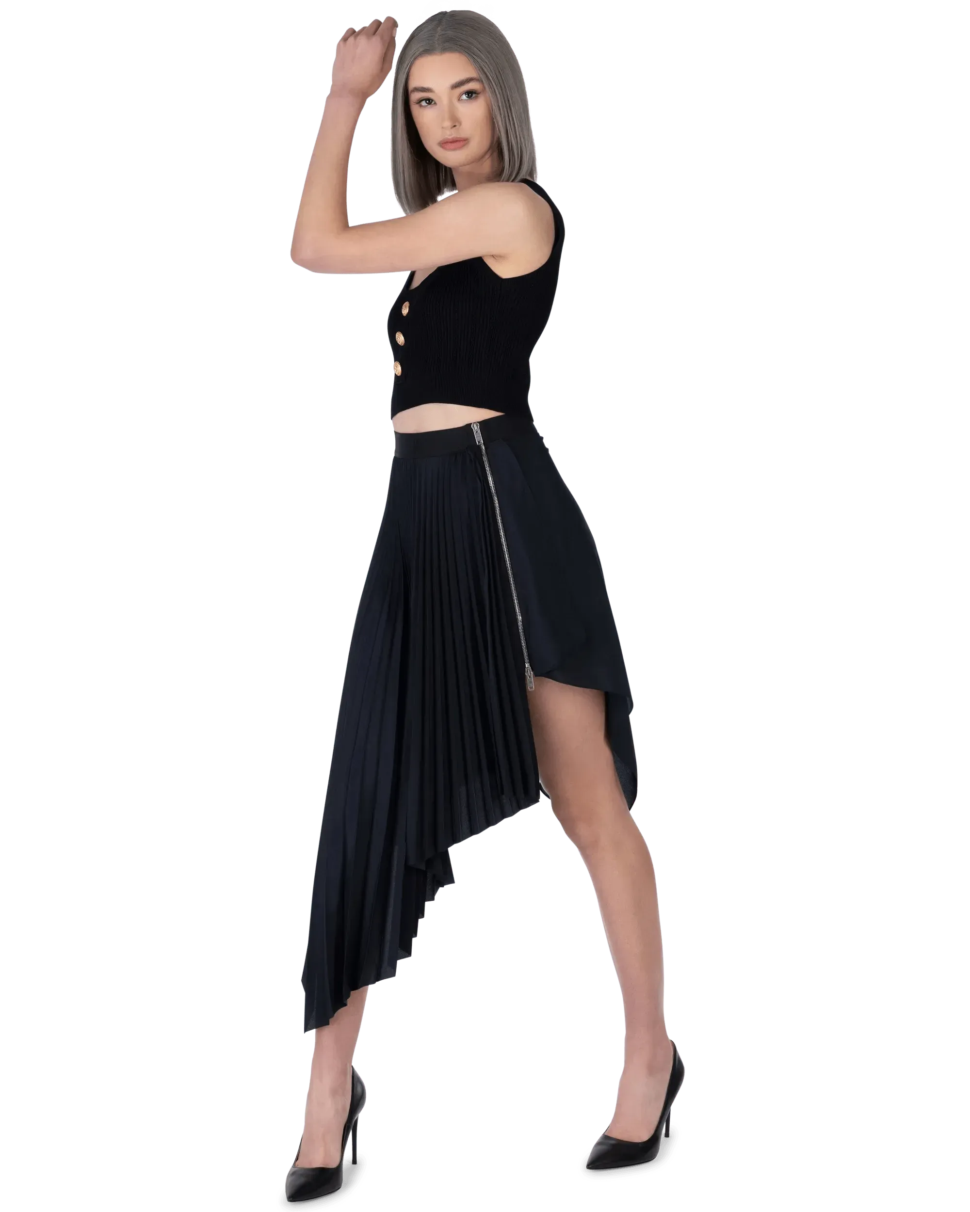 Asymmetric Pleated Skirt for Women - Trendy High Waist Flowy Midi Skirt with Side Slit | Perfect for Office, Date Night & Casual Outfits