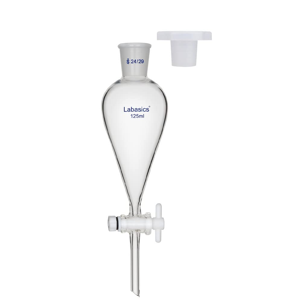 Labasics 125ml Heavy Wall Borosilicate Glass Conical Separatory Funnel with 24/29 Joints & PTFE Stopcock - Ideal for Chemical Labs, Liquid Extraction, and Solvent Separation