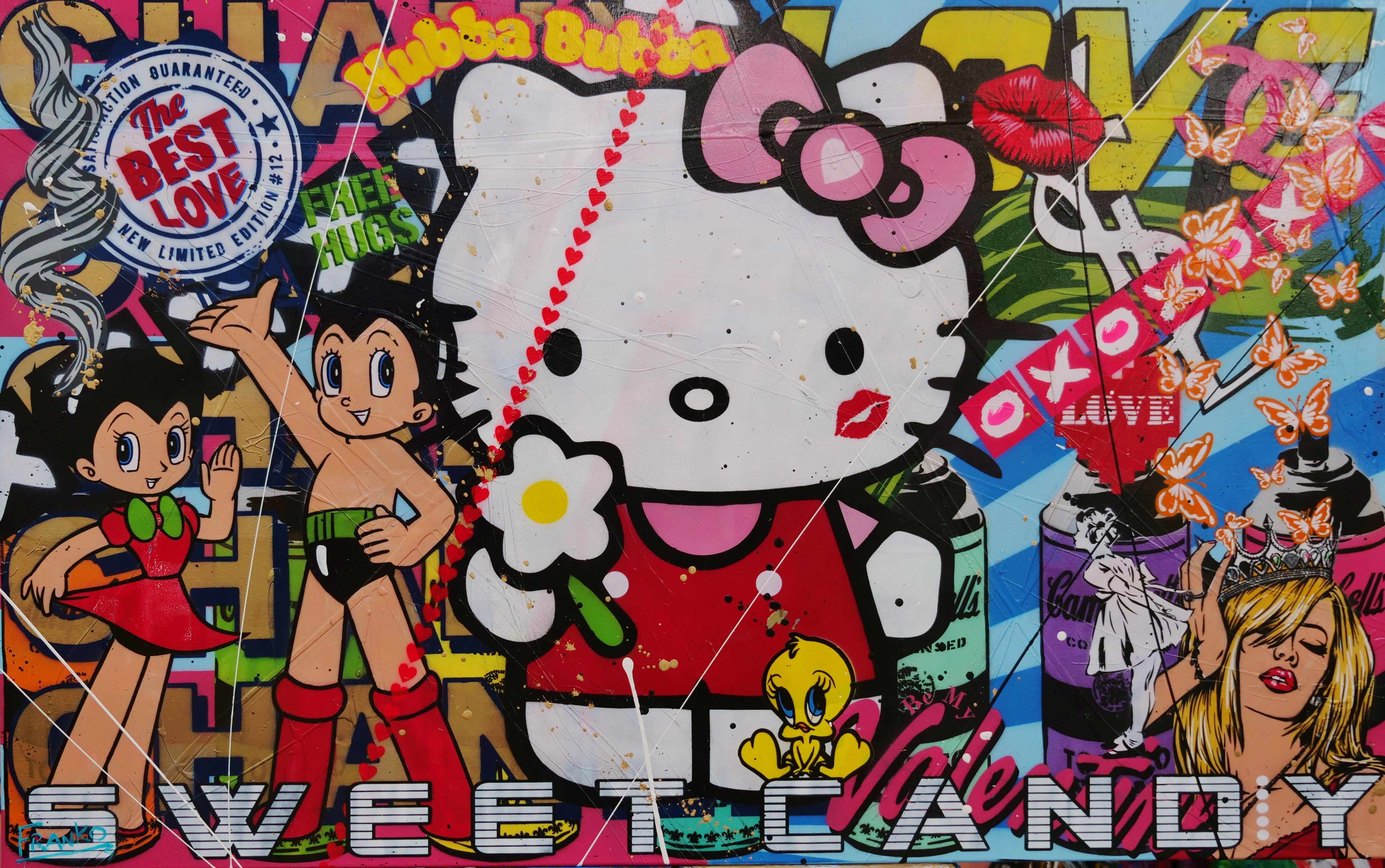 Hello Kitty Textured Urban Pop Art Painting - 160cm x 100cm Large Wall Decor for Bedroom, Living Room & Office | Kitty Candy Inspired Canvas Art
