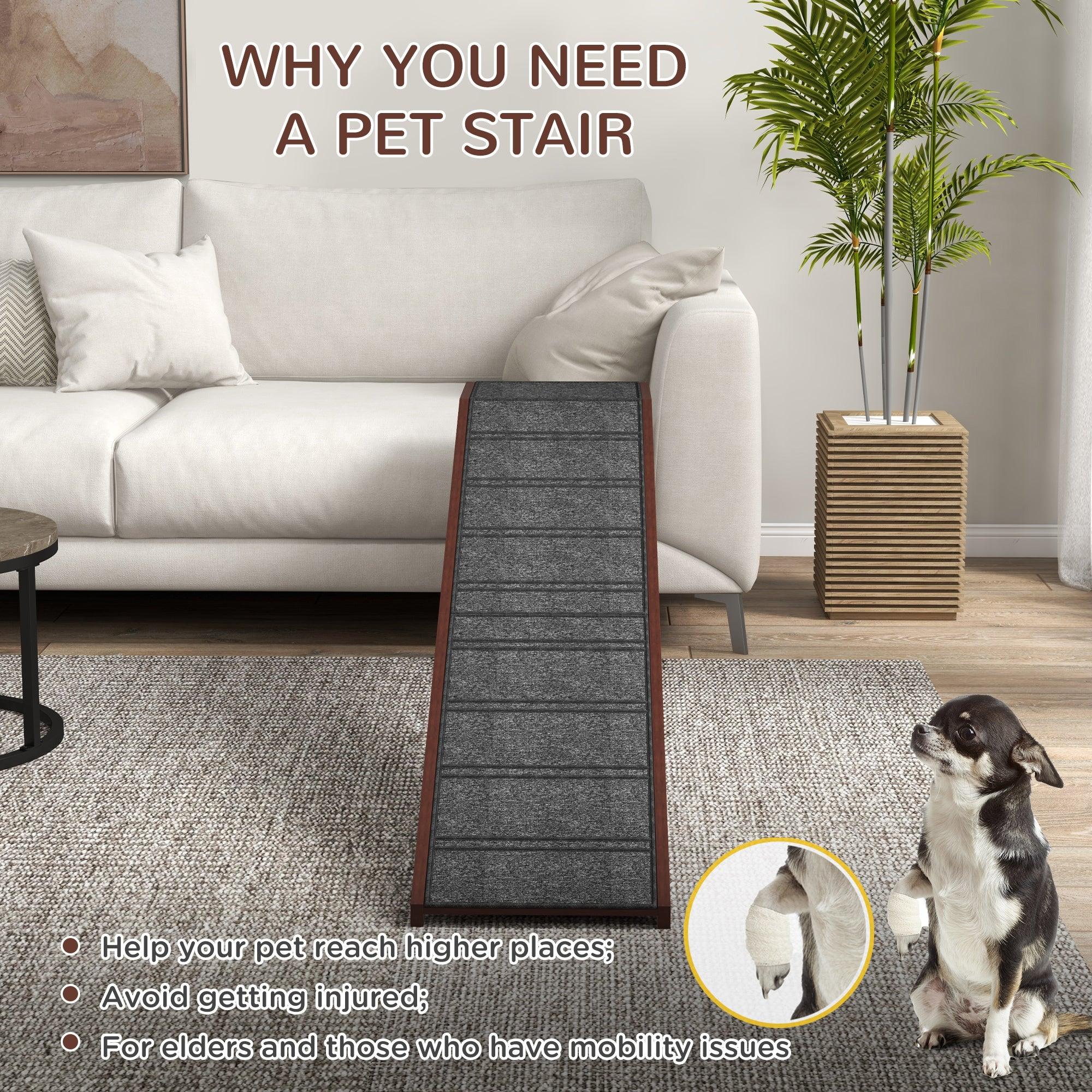 Non-Slip Dog Ramp for High Beds - 74 Inch Pet Stairs with Carpeted Top Platform (16x25 Inches, Brown) - Perfect for Small, Elderly & Injured Dogs to Safely Access Furniture