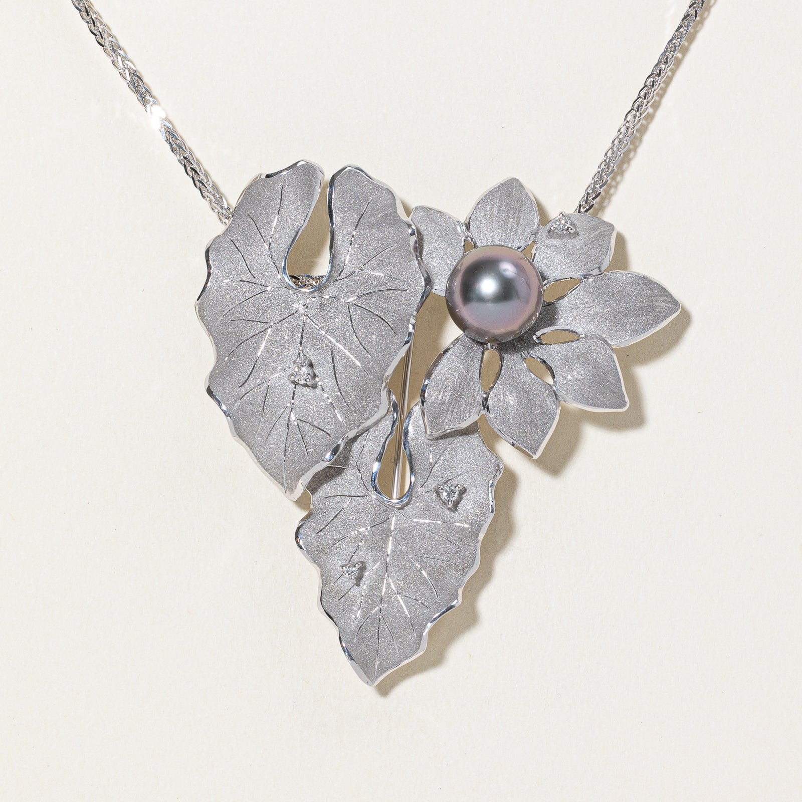 Exquisite Tahitian Pearl & Diamond Convertible Pendant/Brooch Necklace | 0.11ctw Diamond | 26