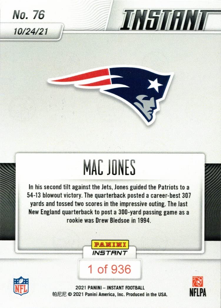 2021 Panini Instant Football #76 Mac Jones Rookie Card - Limited Edition of 936 - Commemorates First 300-Yard Passing Game - Perfect for NFL Collectors, Sports Memorabilia Displays & Investment Pieces